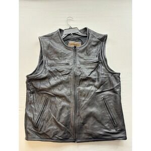 UNIK Mens XL Black Leather Motorcycle Biker Vest Sleeveless Zip Front Jacket
